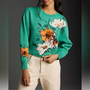 Anthropologie Maeve The Sonal Nathwani Camryn Cropped Crewneck Sweater Green SzS